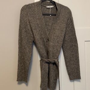 Mango Gray Ribbed Knit Cardigan Sweater
